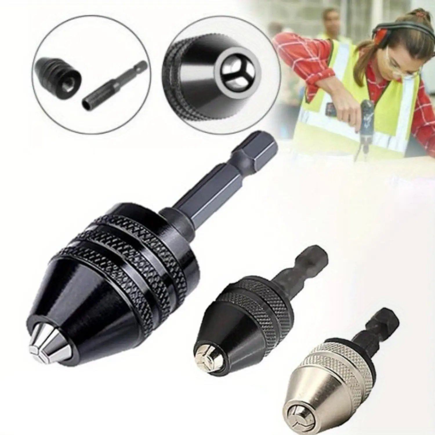 3Pcs Quick-Change Drill Chuck Adapter - 1/4 Inch Hex Shank, Carbon Steel, Light Weight, for Impact Tools & Cordless Power Screwdrivers, Clamping Ranges (0.6-8mmX1, 0.3-3.6mmX2)