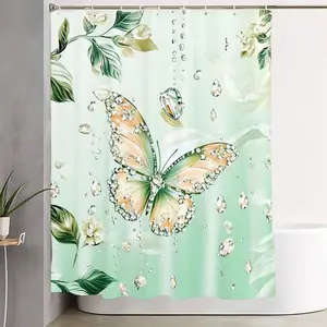 1/4pcs Sage Green Butterfly Bathroom Decor Set, Bathroom Decoration Accessories, with Rhinestones, Floral Accents - Includes Shower Curtain, Toilet Lid Cover, and Two Matching Bath Mats for a Refreshing Spring Vibe