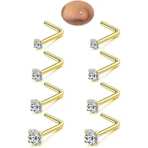 8Pcs Hypoallergenic 316L Surgical Stainless Steel Nose Studs Set - 18G/20G/22G Gold/Silver L-Shaped/Corkscrew Body Piercing Jewelry with 1.5-3mm CZ for Women, Men (Fits Nose, Ear)