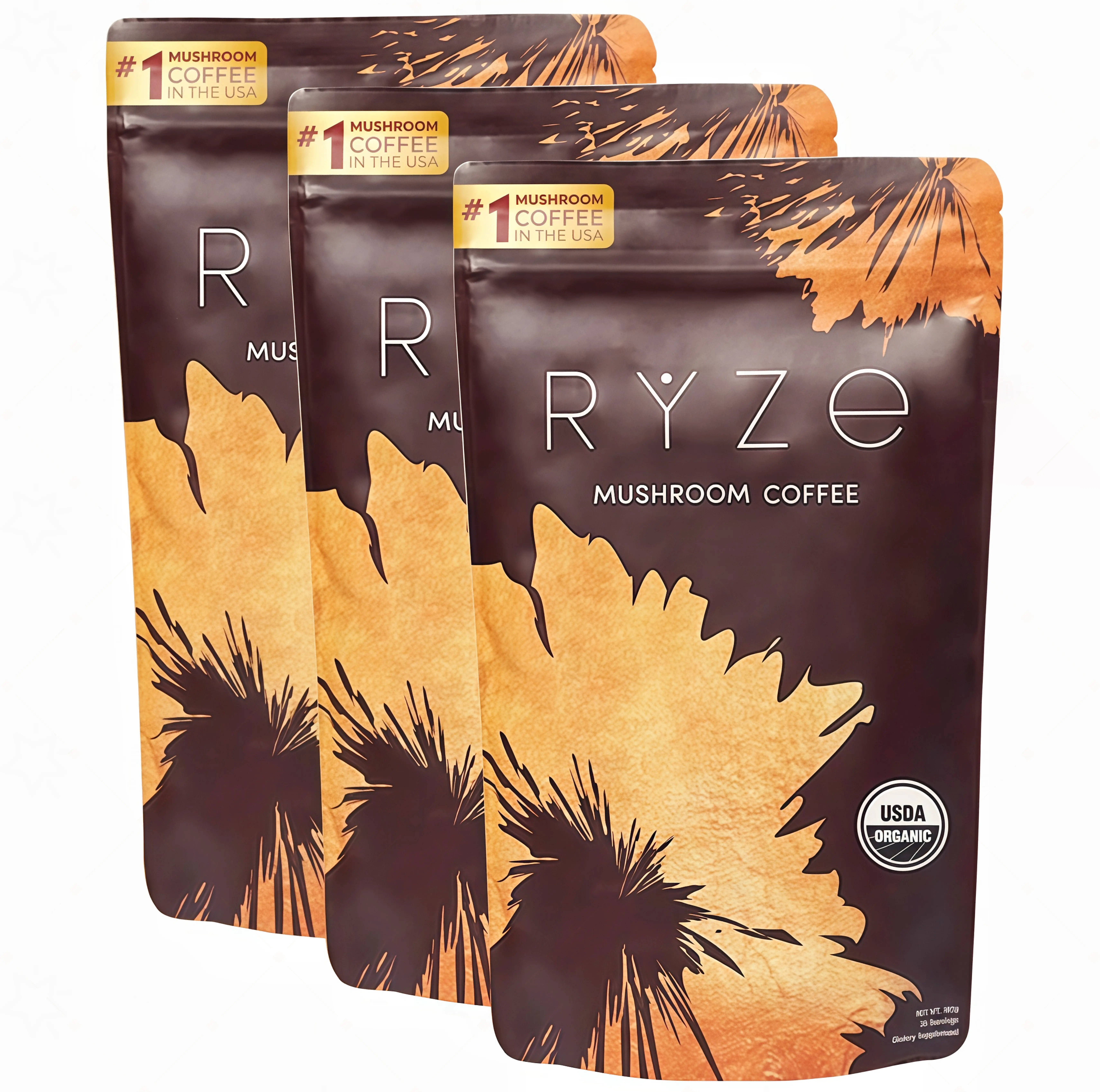 3 Piece RYZE Mushroom Coffee USDA Organic with 6 Adaptogenic Mushrooms and MCT Oil BY USA Grown Instant Coffee for Better Energy, Focus, Digestion, Immunity with Turkey Tail, Shitake, Lion's Mane, 30 Servings Vitamin
