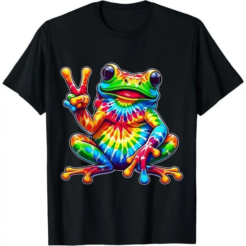 100% Cotton Streetwear T-Shirt with Tie-Dye Frog Peace Sign Graphic, Casual Hippie Short-Sleeve Outdoor Top, Clothes