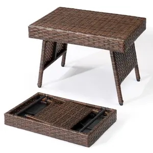 Patio Side Table, Foldable Wicker Coffee Table, Outdoor PE Rattan Table with Sturdy Steel Frame, Portable Garden Pool Furniture, Ready to Use