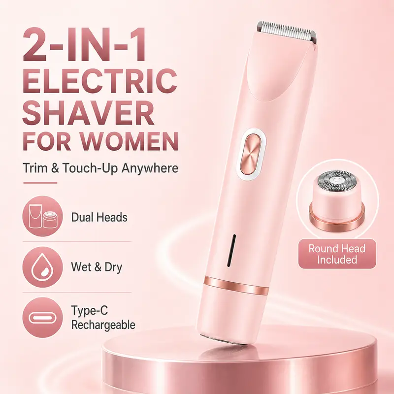 TAZTIR 2026 Cordless Women's 2-In-1 Dual-Head Bikini Trimmer & Shaver, USB-Charged Waterproof Skin-Friendly Painless Epilator, Prevents Nicks & Cuts, Silk Skin Result, Mother's Day Gift (Pink), Beauty Products