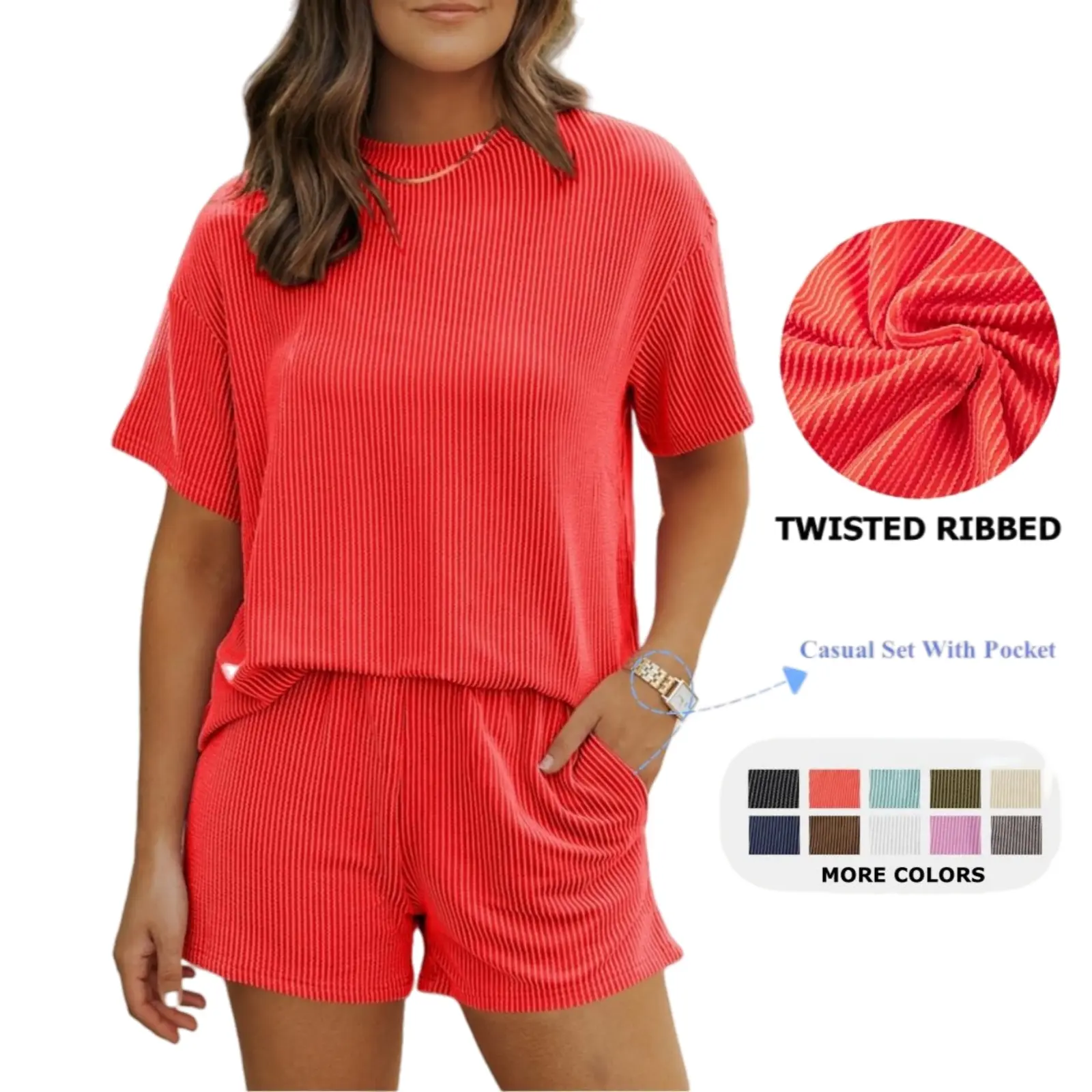 Asvivid Women's Two Piece Set Summer Matching Sets Ribbed Casual Lounge Set Short Sleeve Shirts Top & Elastic Waist Short with Pockets  2 Piece Outfits for Vacation Travel Women Clothing