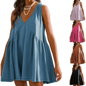 Kingapril Womens Summer Sleeveless Mini Dress Casual Loose V Neck Sundress with Pockets Fashion Fit Womenswear Vneck milkmaid dresses summer outfits