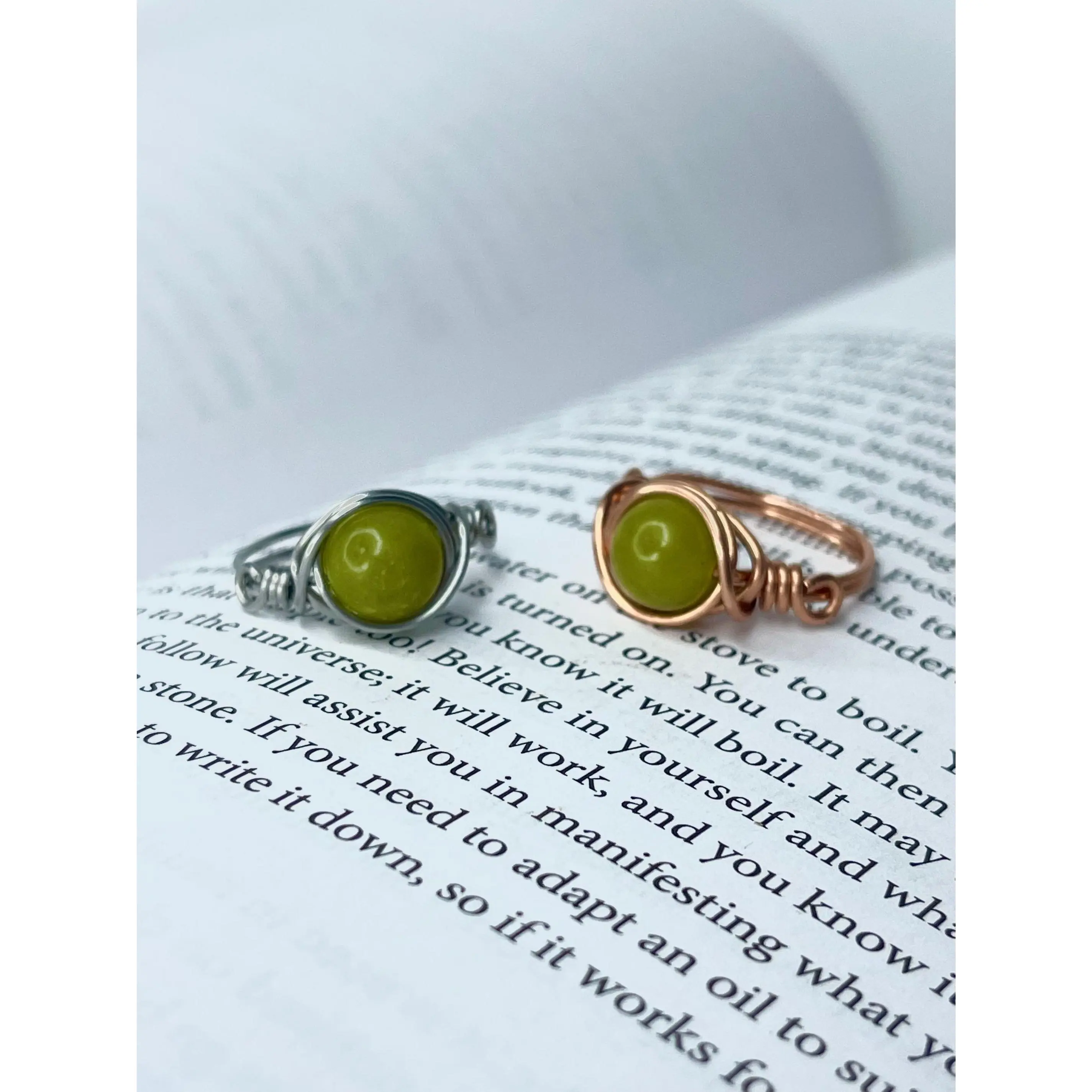 Handmade Nephrite Jade Wire Ring in Copper or Stainless Steel for Good Luck Health and Abundance