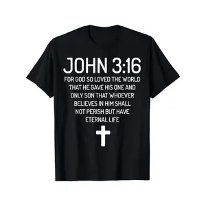 Cotton Short Sleeve  T-Shirt John 3:16 Bible Verse Cotton T-Shirt, Faith-Inspired Crew Neck Tee, Black with White Printed Design, Religious Spiritual Apparel for Adults, All-Season Casual Wear