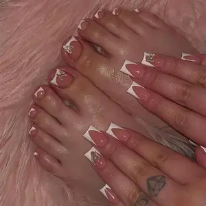 White French Press on Nails Medium & Press on Toenails Set - Square Fake Nails Press ons Nail Art Tips Glue on Nails Full Cover Short False Toe Nails with Butterfly Charms Design Acrylic Nail Kit
