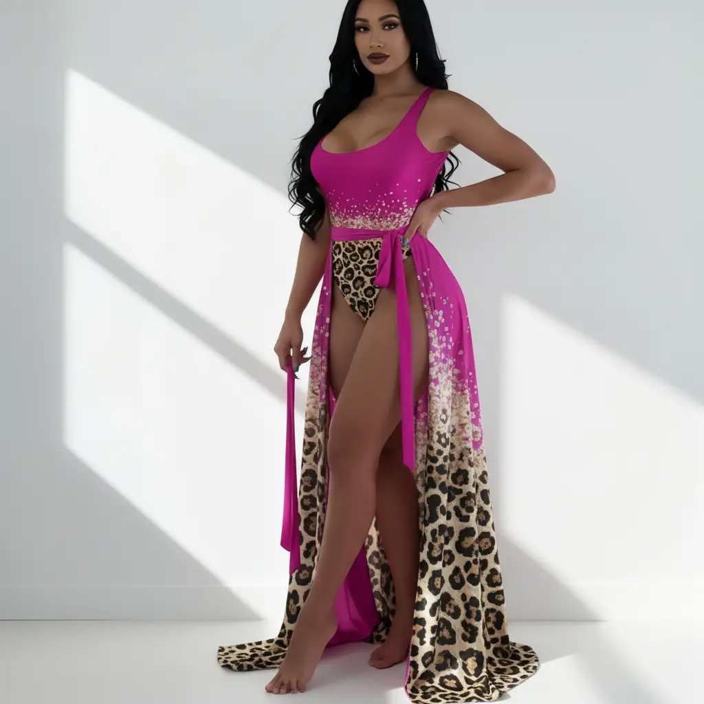 Pink & Leopard Print One-Piece Swimsuit with Sheer Wrap Skirt 2-Piece Set Tummy Control Ombre Leopard Swimsuit with Matching Chiffon Cover Up Summer Coverup, Coverups For Bathing Suits