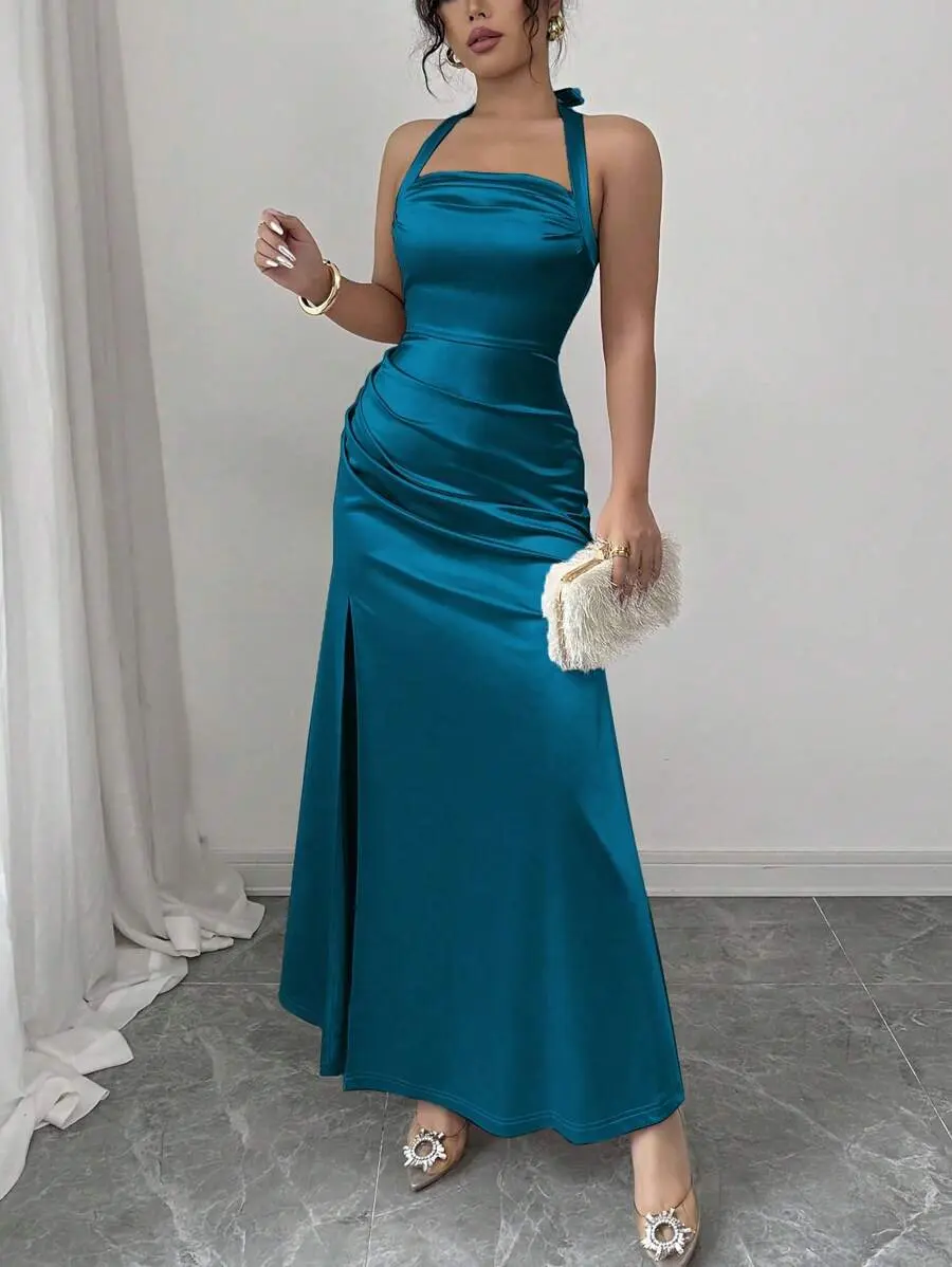 Elegant Champagne-Colored Slim-Fit Spaghetti Strap Stretch Crepe Dress With Side Slit, Perfect For Summer.