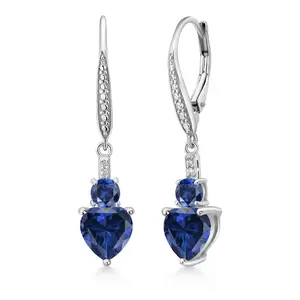 Gem Stone King 925 Sterling Silver Blue Simulated Sapphire Blue Created Sapphire and White Lab Grown Diamond Drop Dangle Earrings For Women (2.73 Cttw, Heart Shape 7MM, Round 4MM)