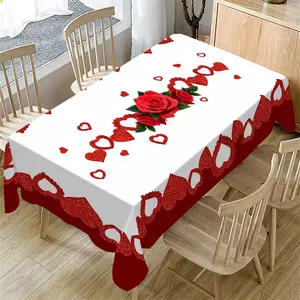 Valentine's Day Rectangle Tablecloth with Rose Heart Design, Indoor and Outdoor Use for Home Kitchen Decor, Perfect for Christmas, Weddings, Parties, and Picnics
