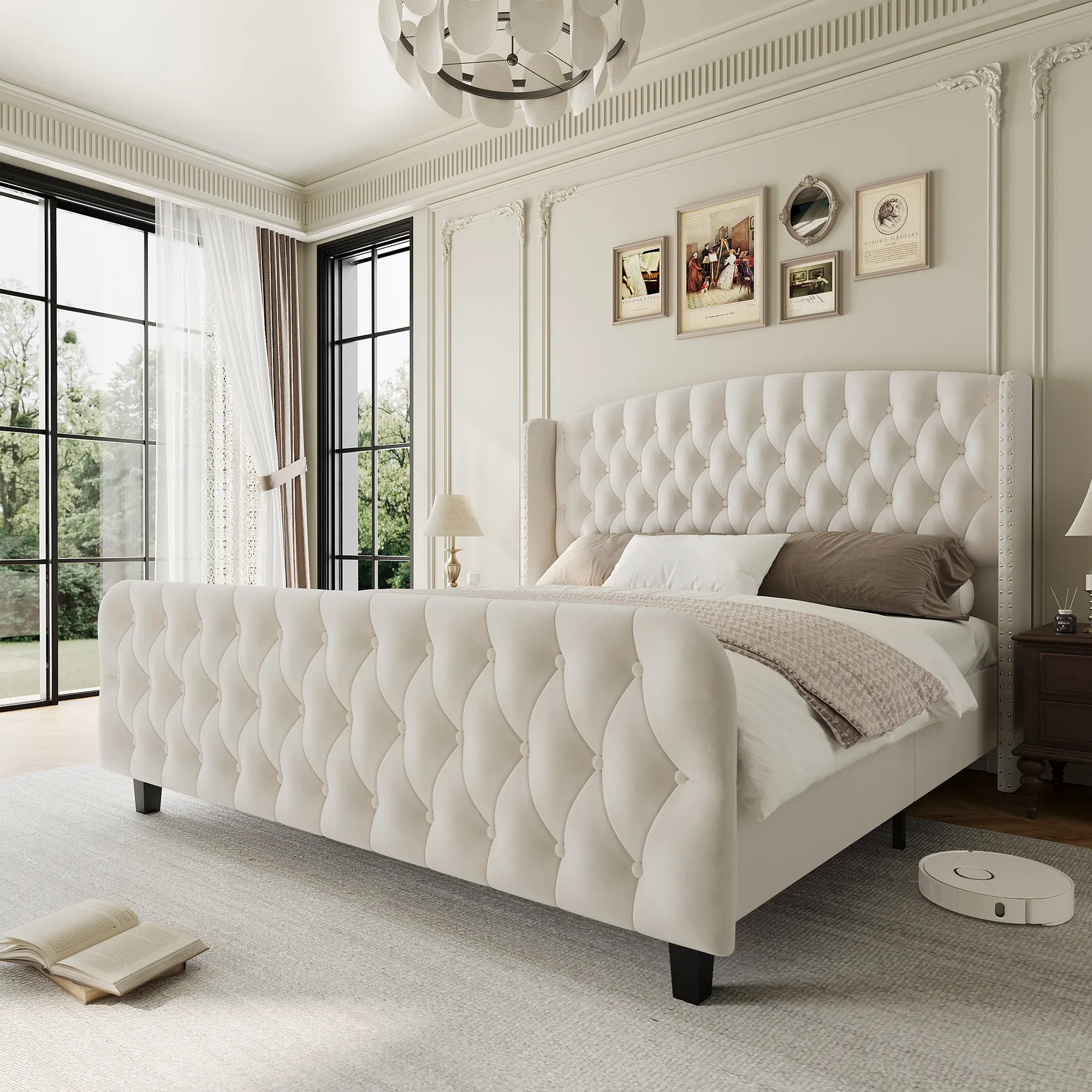 Bed Frame， Queen/King Size Velvet Upholstered Platform Bed Frame with Deep Button Tufted Wingback Headboard and Footboard, No Box Spring Needed, Easy Assemble, Beige/Grey/Black