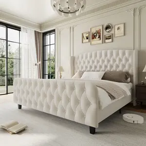 Bed Frame， Queen/King Size Velvet Upholstered Platform Bed Frame with Deep Button Tufted Wingback Headboard and Footboard, No Box Spring Needed, Easy Assemble, Beige/Grey/Black