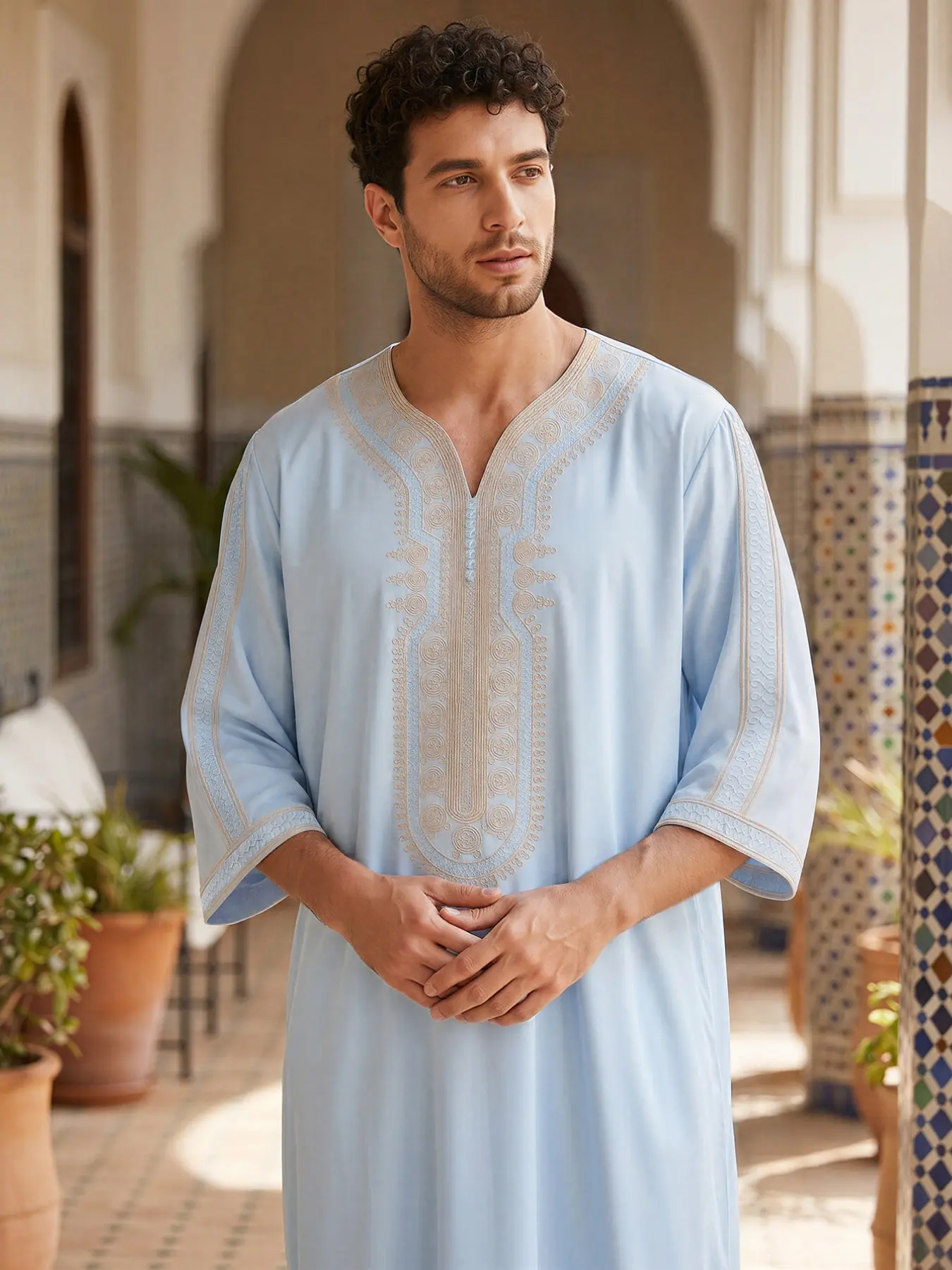 Moroccan Traditional Men's Light Blue V-Neck Embroidered Robe, Cool Daily Wear, Eid Al Adha Festival Costume, Perfect Gift