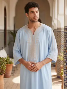 Moroccan Traditional Men's Light Blue V-Neck Embroidered Robe, Cool Daily Wear, Eid Al Adha Festival Costume, Perfect Gift