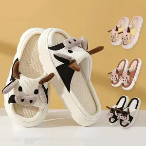 Women's Men's Cute Cartoon Pattern Slippers All Seasons Milk Cow Linen Flat Slides for Christmas Gifts