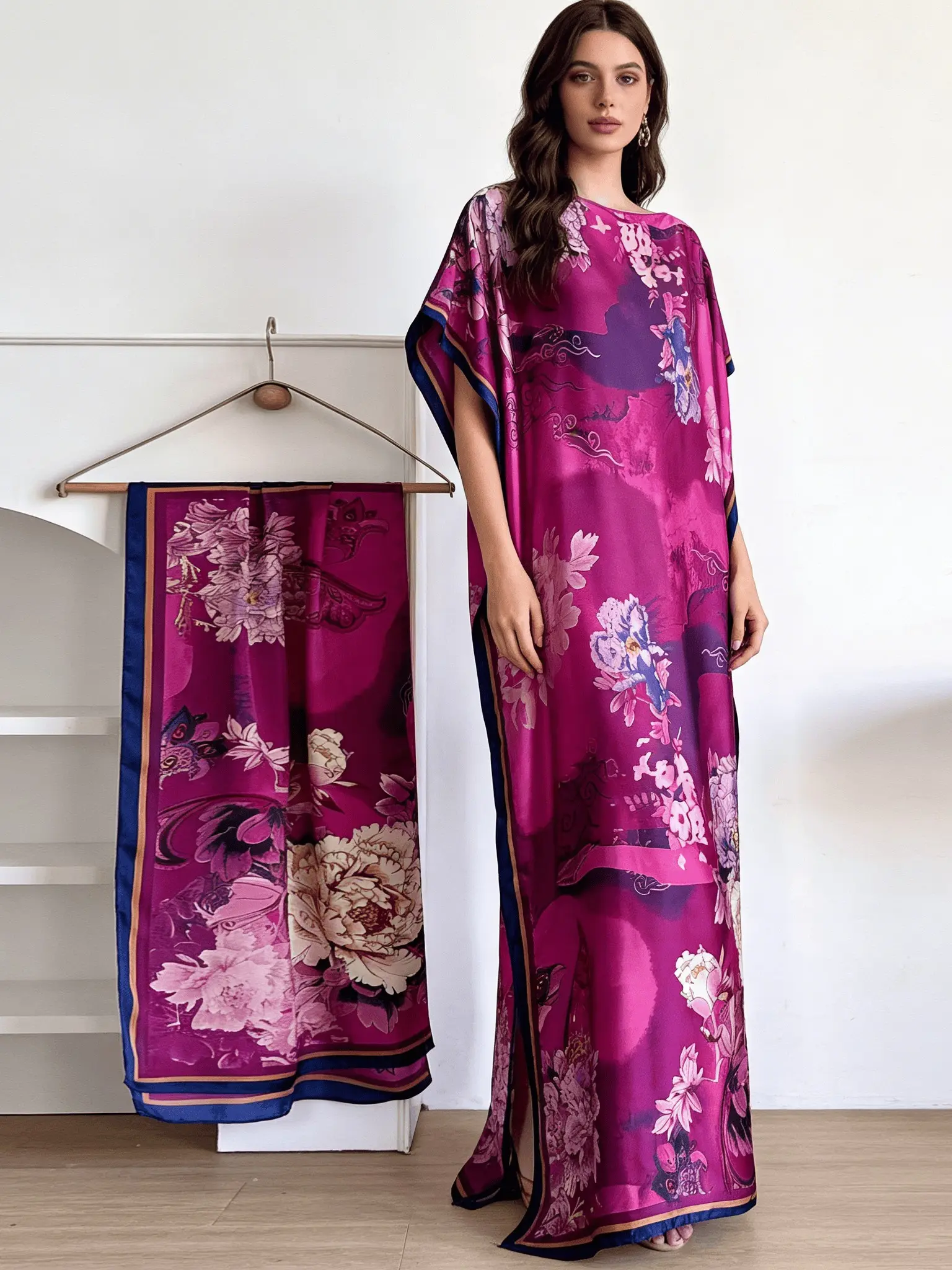 colorful floral printed silk Boho Kaftan kaftan style dress with a scarf in the same color | An elegant deep purple-red floral kaftan robe | A loose batwing-sleeve resort dinner gown