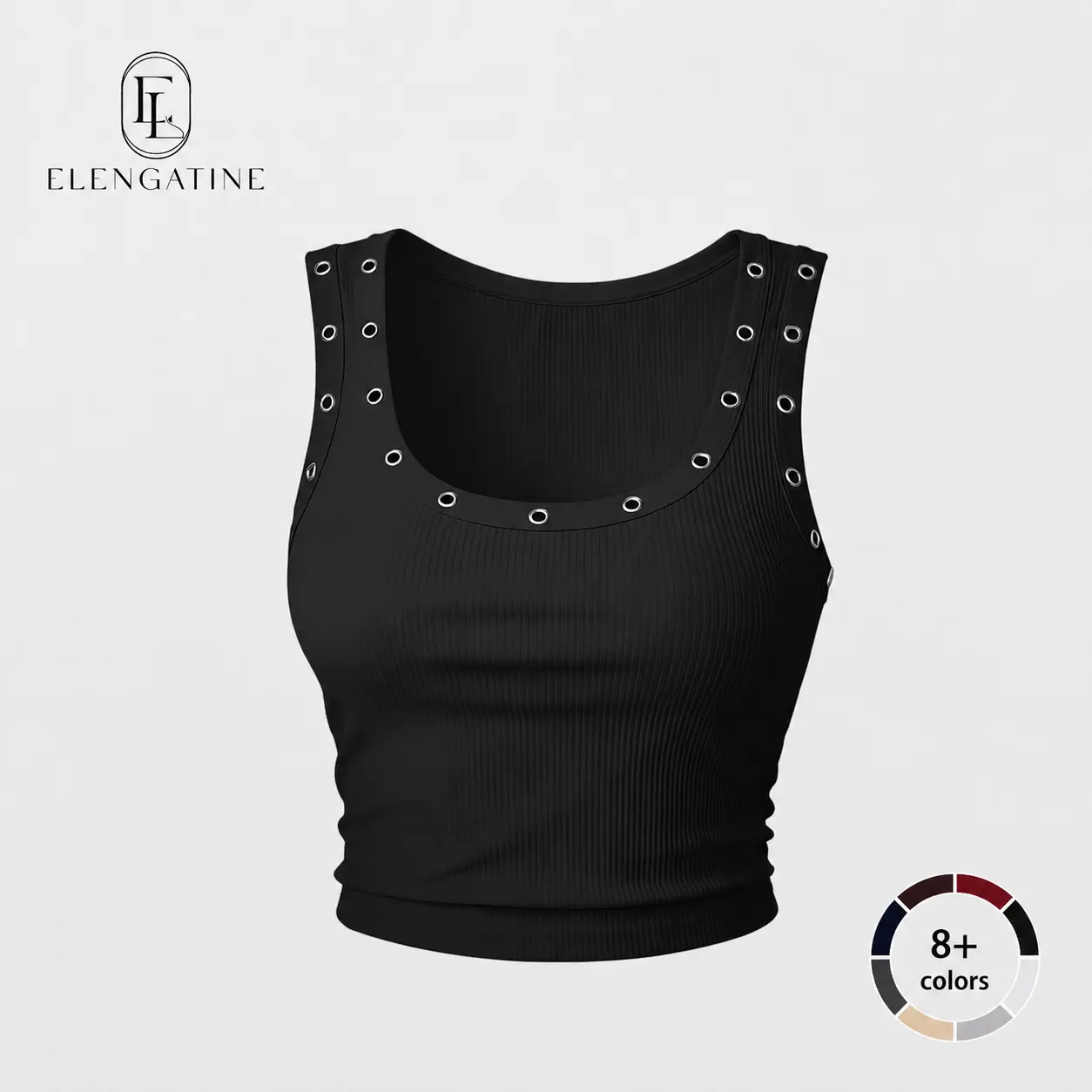 Women's Ribbed Crop Tank Top – Grommet Detail Scoop Neck, Slim Fit Stretch Fabric, Y2K Street Style, Perfect for Casual/Night Out/Festival Looks, Easy to Pair with Jeans or Cargo Pants