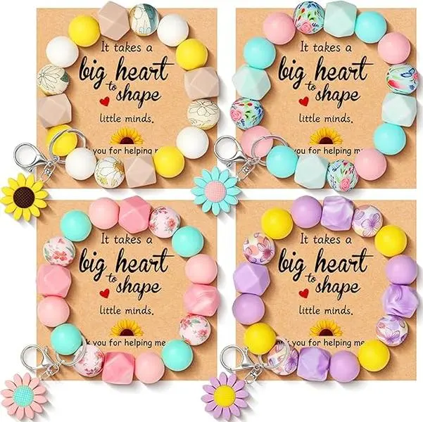 4-Pcs Lightweight Sturdy Portable Sunflower Silicone Bead Bracelet Keychain with Clip & Motivational Quote Cards, Casual Birthday Graduation Gifts for Teachers, Classroom Rewards