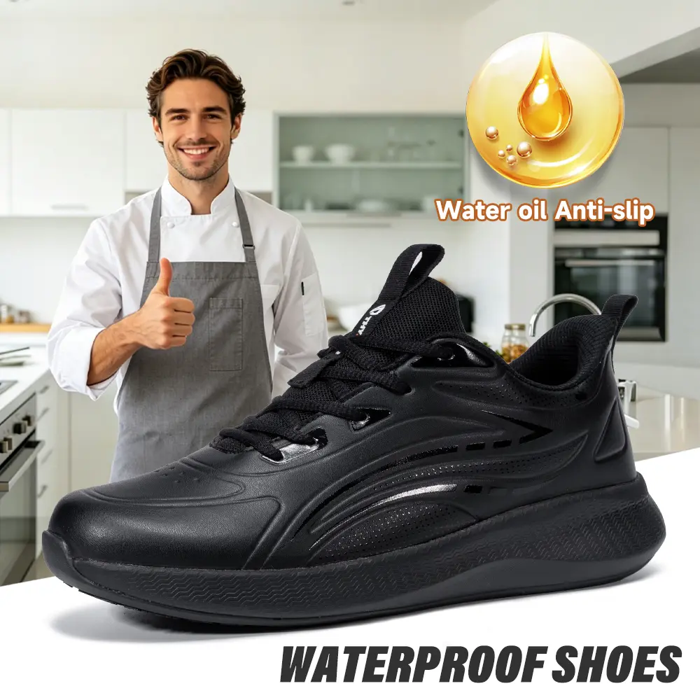 Men's Waterproof Non-Slip Work Shoes, Wear-Resistant Leather, Deep Tread Anti-Slip Sole, Soft Cushioning for All-Day Standing. Lightweight Breathable Footwear for Chefs, Waiters and Cleaners, Oil & Water Resistant, Versatile All-Black Work Shoes