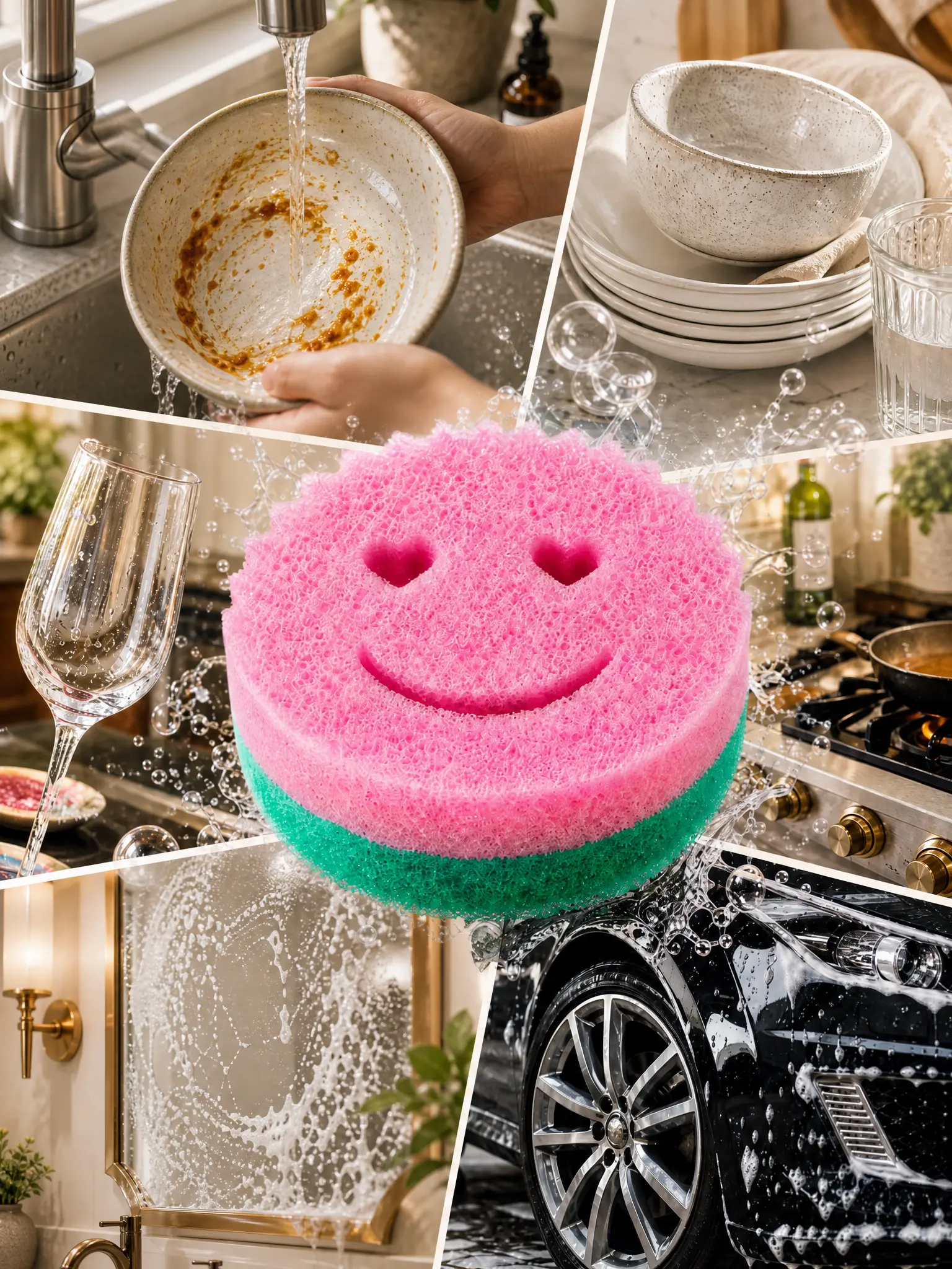 Cute Heart Eyes Smiley Face Temperature-Sensitive Dual-Sided Dish Sponge, Quick-Dry Antimicrobial Cleaning Tool for Kitchen, Flexible Sponges & Scouring Pads for Tools and Cleaning