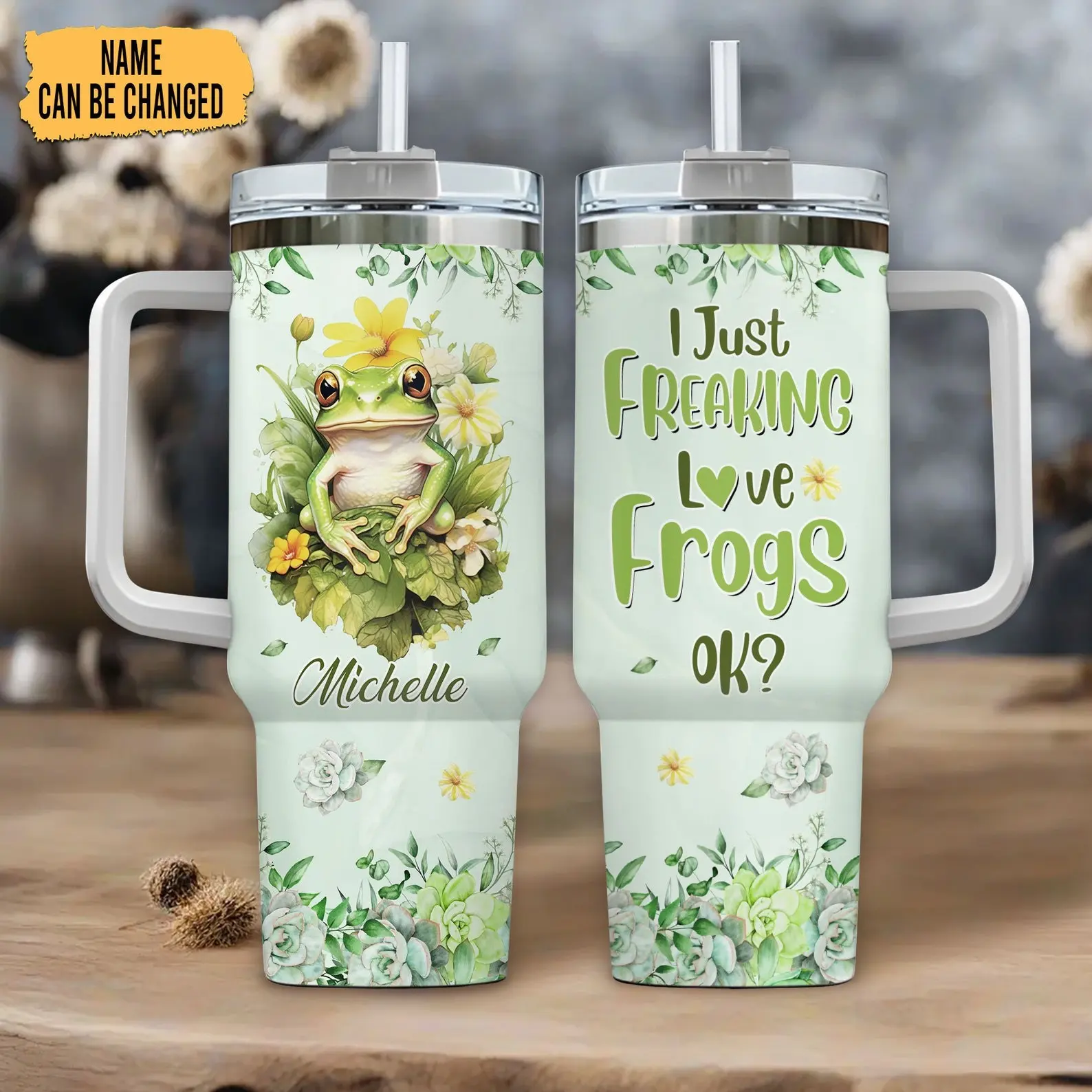 Cute Frog Lover Personalized 40oz Tumbler with Handle – Stainless Steel Insulated Cup – Fun Gift for Animal & Frog Lovers