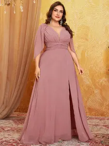 Elegant V-Neck Batwing Sleeve Dress, High Slit Waist Pleated Design, Perfect for Bridesmaids & Special Occasions, Comfortable Fit