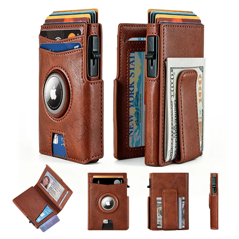 Men's Compact Leather Slim RFID Blocking Wallet with AirTag Holder, Pop-Up Card Holder, Minimalist Leather Wallet Front Pocket with ID Window,Money Clip,  Ideal Gift for Men, Back-to-School, Gifts For Him, Everyday