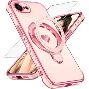 for iPhone 17e/16e Cute Love Heart Kickstand Woman Girls Phone Case with Screen Protector: Luxury Plated Gold Edge Slim Soft TPU Full Camera Protection Cover for iPhone 17E/16E (Pink)
