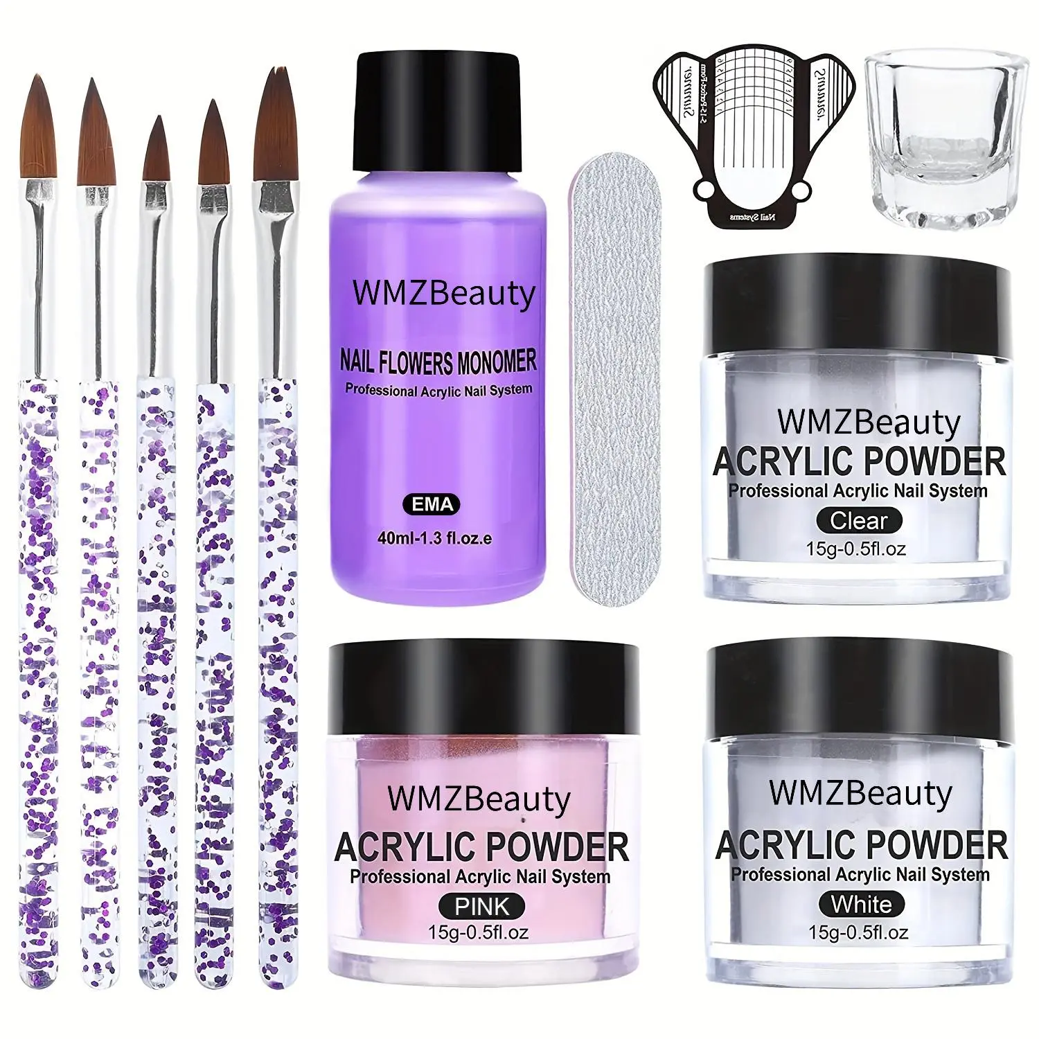 Acrylic Nail Kit - Clear Pink White Nude Powder & Liquid Monomer Set with Brush Nail Forms Extension Kit for Beginners Home DIY Nail Art