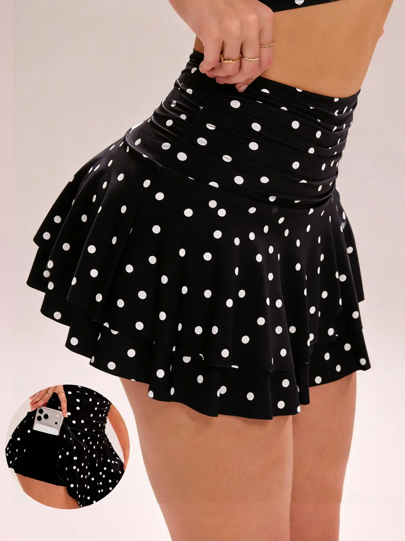Women's Sporty Short Skort, Sexy Polka Dot Ruffle Hem, Fitted Natural Waist, Cute Spring Fall Style, Anti-Exposure Design, Athletic Tennis & Workout Skirt