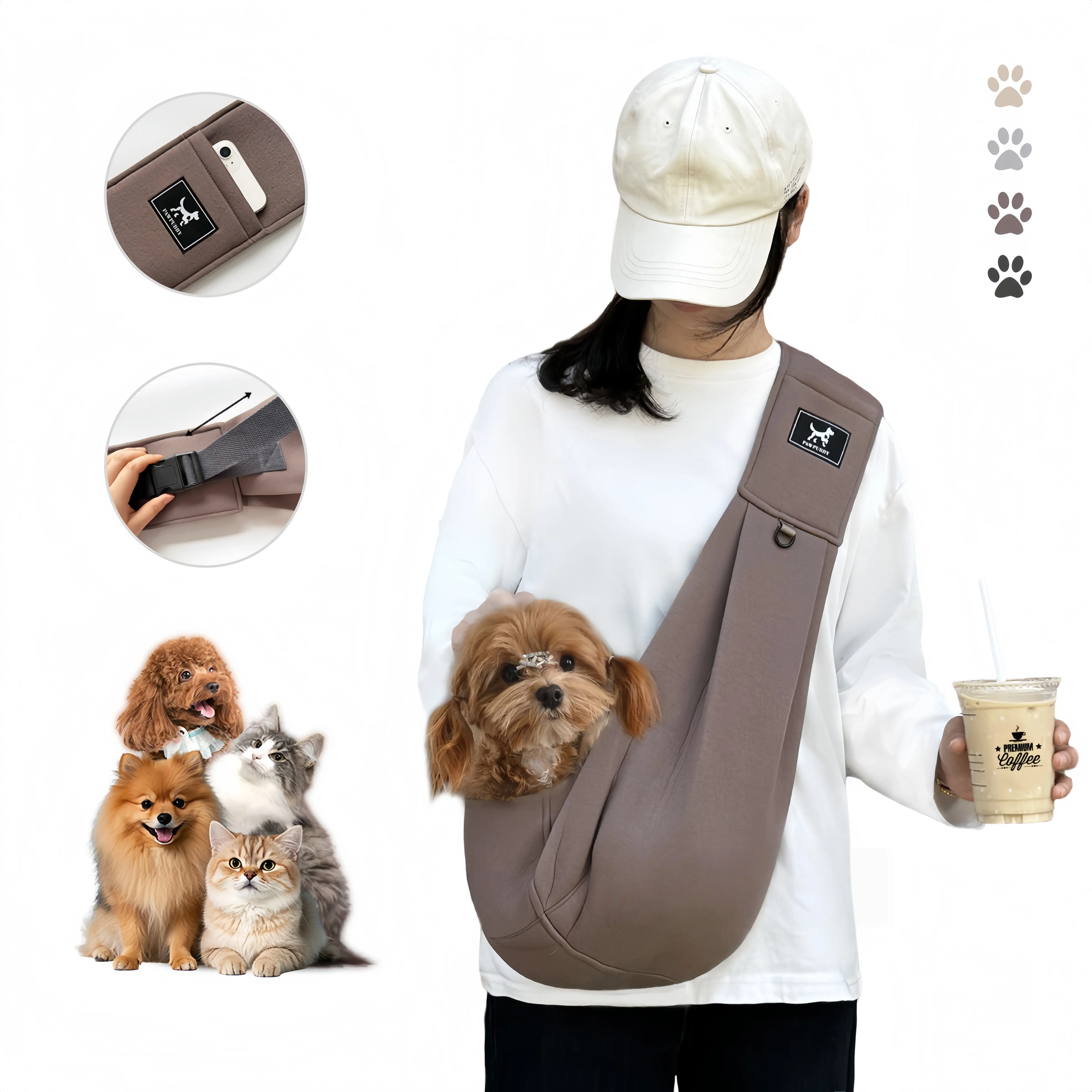 PAWPUBBY Dog & Cat Sling Carrier - OEKO-TEX & GRS Certified, Vet Approved, Adjustable Padded Shoulder, Breathable Fabric, Portable Buckle-Snap-Safety Rope Hook-Loop Design, Snug Environment for 15lbs Max Small-Medium Pets, Travel Shopping Use
