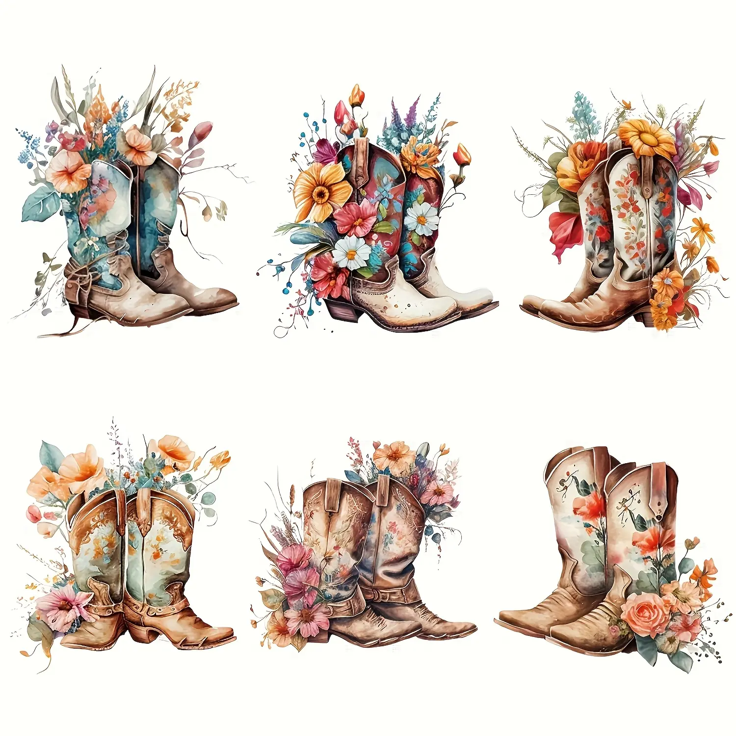 6pcs Vibrant Cowboy Boot & Floral Design Iron-On Patches, Multicolor Vinyl Heat Transfers for DIY Fashion, T-Shirts, Jackets, Jeans, Hoodies, DIY Craft Supplies