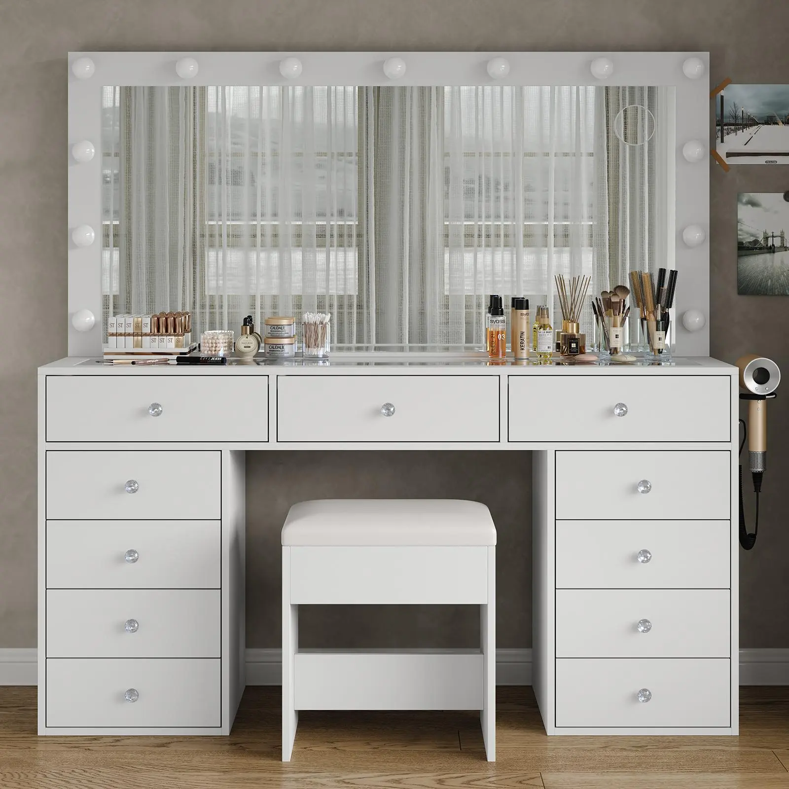 FUSOU 55"W 11 Drawers Makeup Vanity with Charging Station Vanity Desk with 13 LED Bulbs and HD Mirror,  [Shipping By 2 Packages],3 Color Brightness Adjustable, Glass Top Vanity Set for Bedroom, White,SummerVibe,dorm essentials,home decor