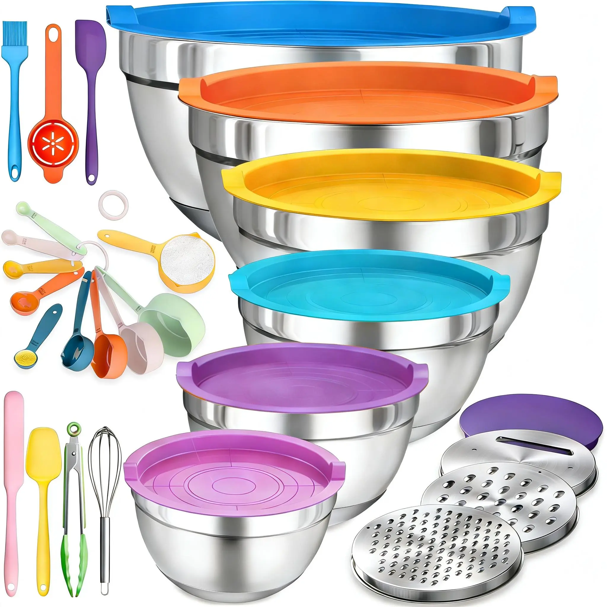 23PCS Stainless Steel Mixing Bowls & Baking Utensil Set | Nesting Stackable with Lids, Graters & Whisk for Home Cooking