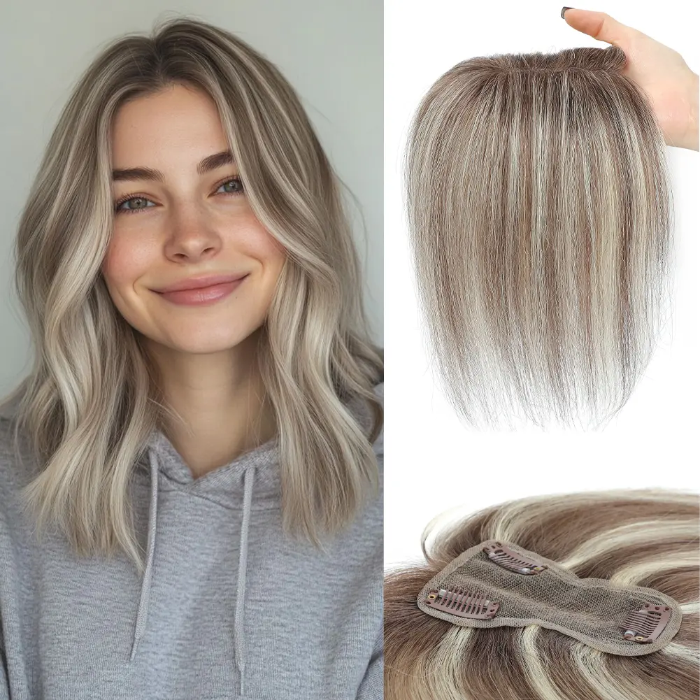 【VASILIA】10 Inch Human Hair Topper for Women 4.3*3.2Inch Swiss Lace Base 27g Clip On Toupee Conceal Hair Loss Fill Wide Hair Part Add Volume