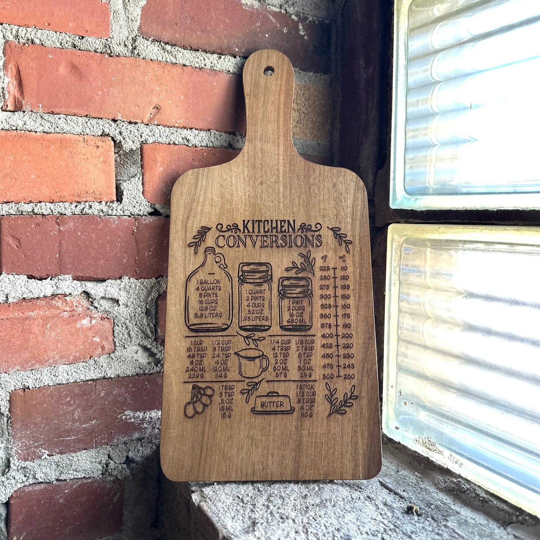 Acacia Wood Cutting Board with Kitchen Measurement Chart – Laser Engraved Cheese Board