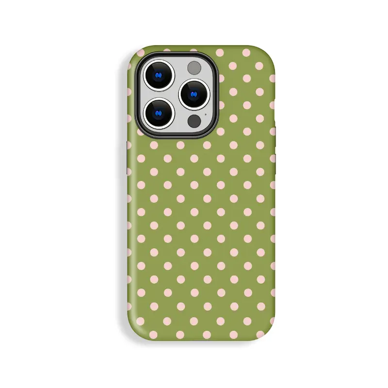 Elegant Polycarbonate-TPU Dual-Layer Smartphone Case, Light Green Base with Dark Green Polka Dots, Durable Protection, Raised Bezels, Lightweight Fit for iPhone 11/12/13/14/15/16/17 Pro, ProMax, Plus, Air, Cellphone Accessory
