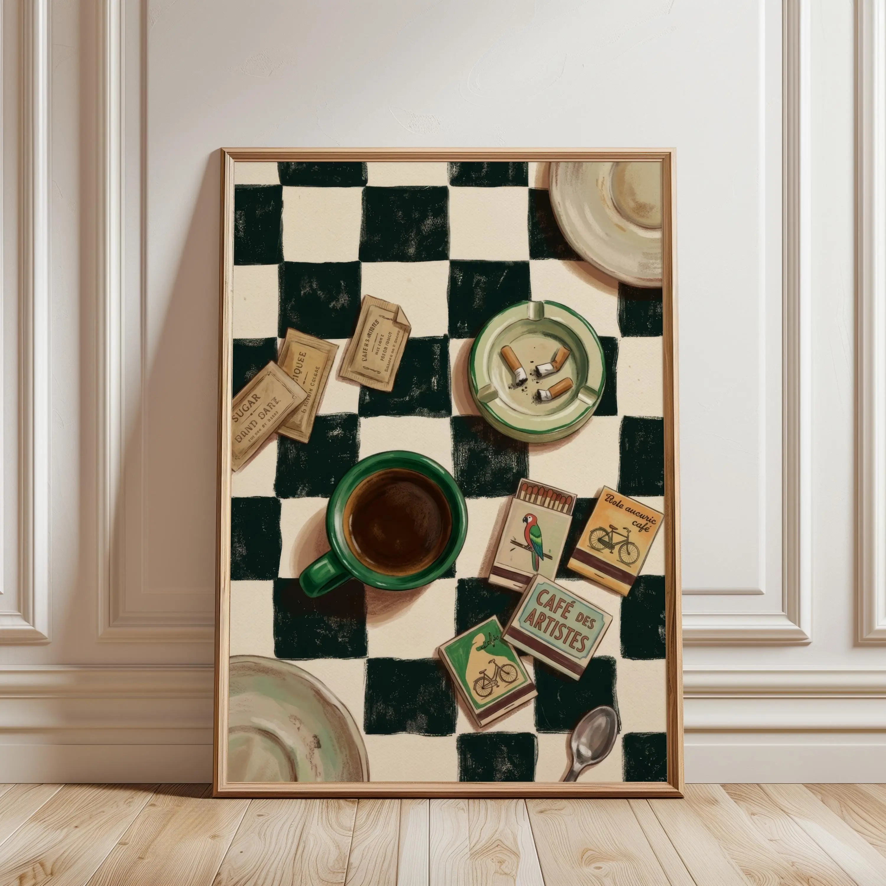 Maximalist Kitchen Wall Art, Espresso and Matchbook Still Life Painting, Retro European Cafe Poster, Moody Checkerboard Coffee Bar Print