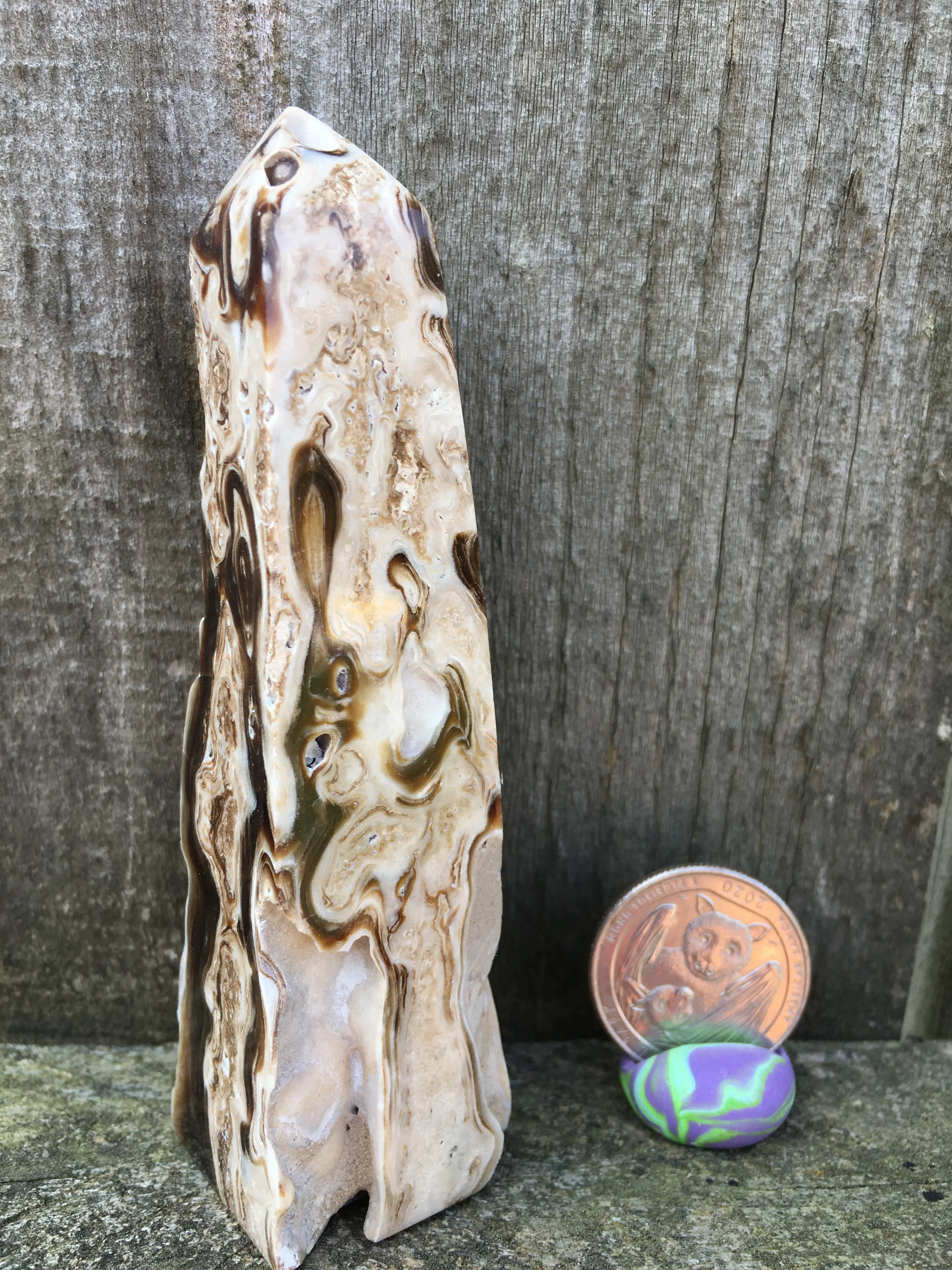 Chocolate Calcite Tower - 2291 4" tall Home Ornament #gemstone #gemstonetower #chocolatecalitetower #chocolatecalcite #browntower @gemsandtreasure