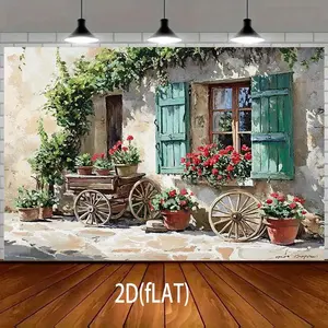 1pc Polyester 2D Flat Rustic Village Window Backdrop with Flower Pots, Wooden Cart - Home & Party Banners, Birthday Decor for Indoor/Outdoor Use