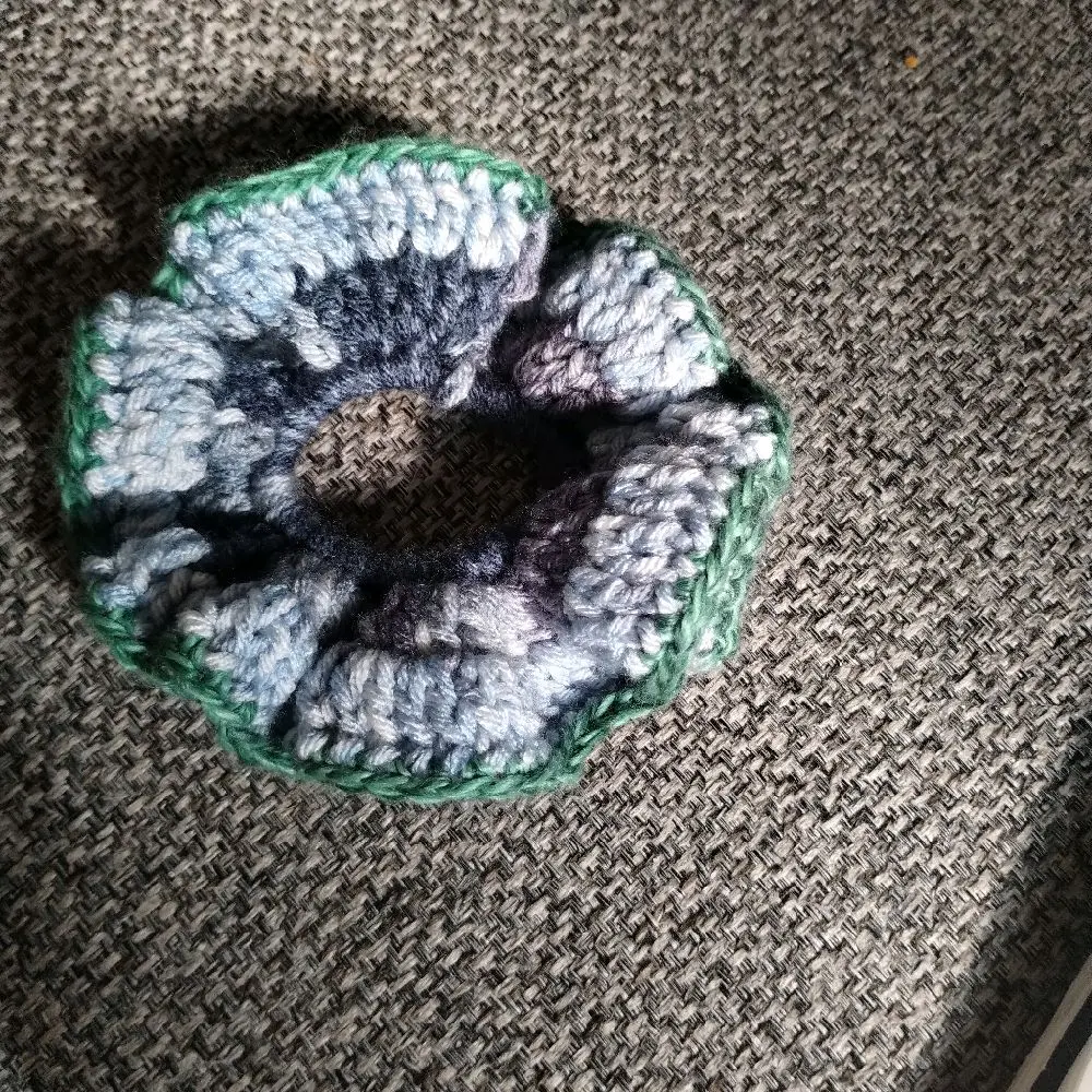 Two Row Crocheted Scrunchie - Green and Gray Color Scheme Hair Accessory