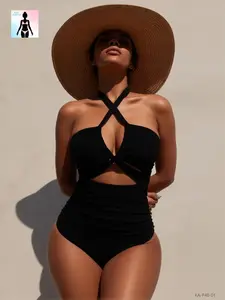 Elegant solid black one-piece swimsuit/monokini for women with tummy control shaping, ruched design, crisscross halter neck, hollow cutout backless; high-stretch knit swimwear—perfect for pool parties, summer beach vacations; flattering, sexy, chic for cu