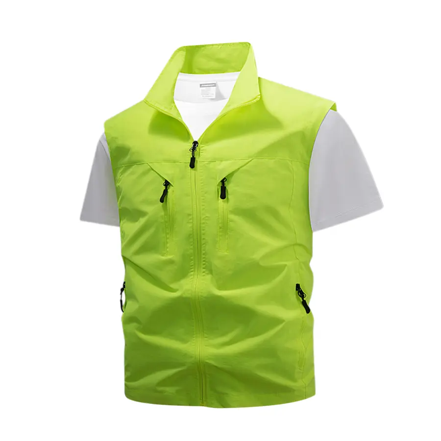 Men’s fluorescent outdoor work vest for spring/autumn and summer—lightweight, breathable stand collar sleeveless top with multiple pockets, suitable for photography and fishing.