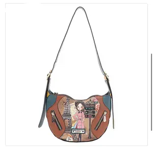 Shopper Bag with Eiffel Tower Design and Floral Accents Brown Leather Tote Daily Commuter Purse Eco-Leather Zipper Closure