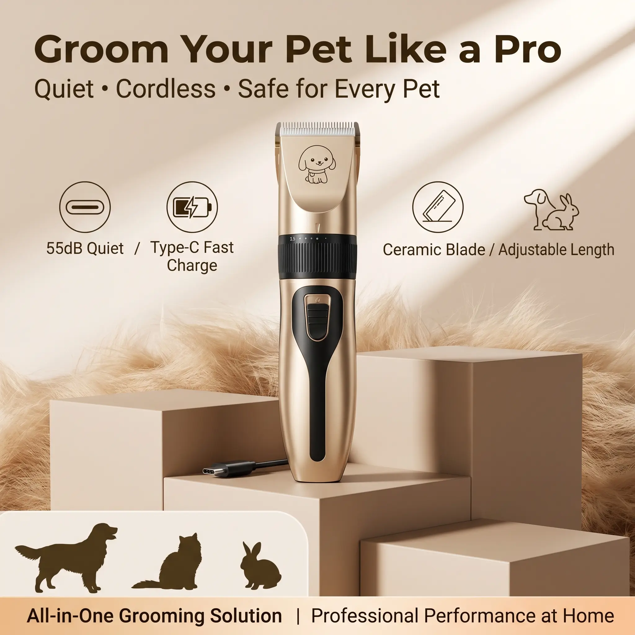 Low Noise Pet Clippers, Cordless Rechargeable Dog Grooming Kit, Quiet Cat Hair Trimmer with Ceramic Blade for Small & Large Pets