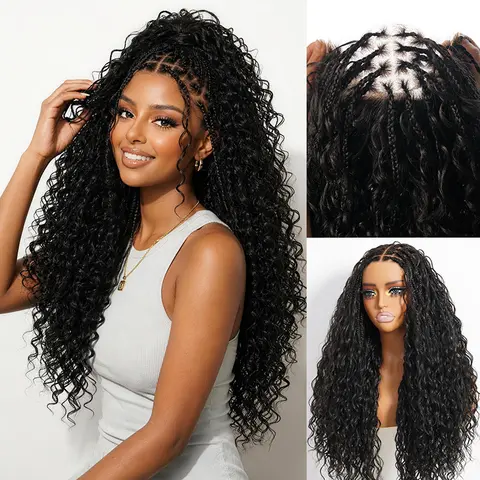 [New Arrival] Teslal Hair Boho Braided Wig 13x5 Frontal Lace Wig Pre Plucked Knotless Square Part Braided Wig for Black Women Full Handmade Pre Braided Tangle-Free Lightweight Premium Synthetic Hair 250% Density
