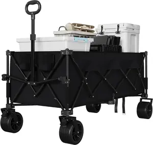 Black Heavy Duty Utility Beach Wagon Cart, Collapsible Wagon Beach with All Terrain Wheels, Extra Long WagonCart Foldable with Cup Holders for Sand