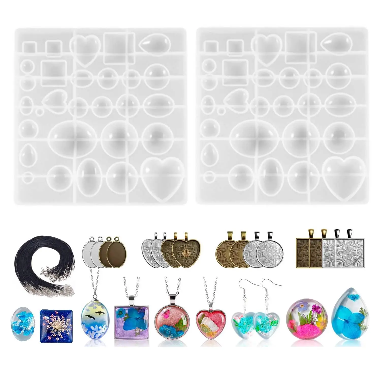 38 piece drop adhesive jewelry making set, including 2 pieces of silicone molds, 12 pieces of pendant base and 20 pieces of necklace rope, one-stop tool kit, suitable for DIY epoxy resin pendants, earrings, custom handmade jewelry projects